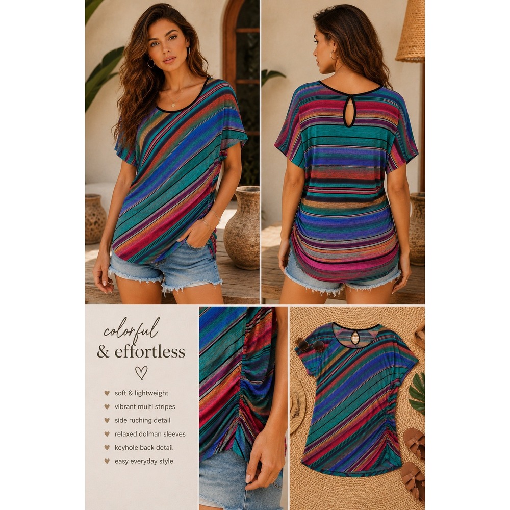Lavish Top Womens L Multi Color Boho Festival Summer Striped Casual Vibrant